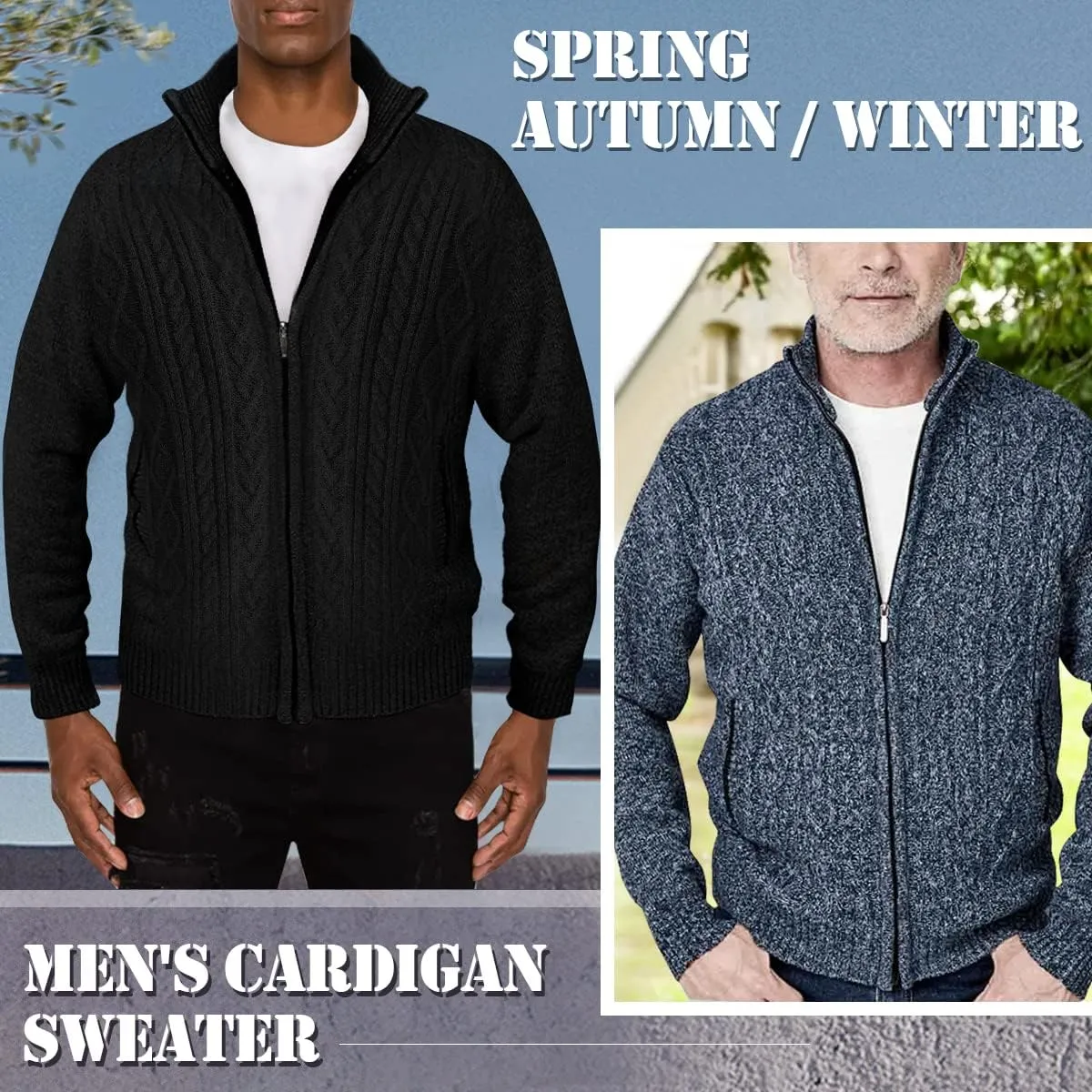 JYG Cardigan Sweaters for Men Full Zip Fleece Lined Up Stand Collar Slim Fit Knitted Sweater with 2 Front Pockets