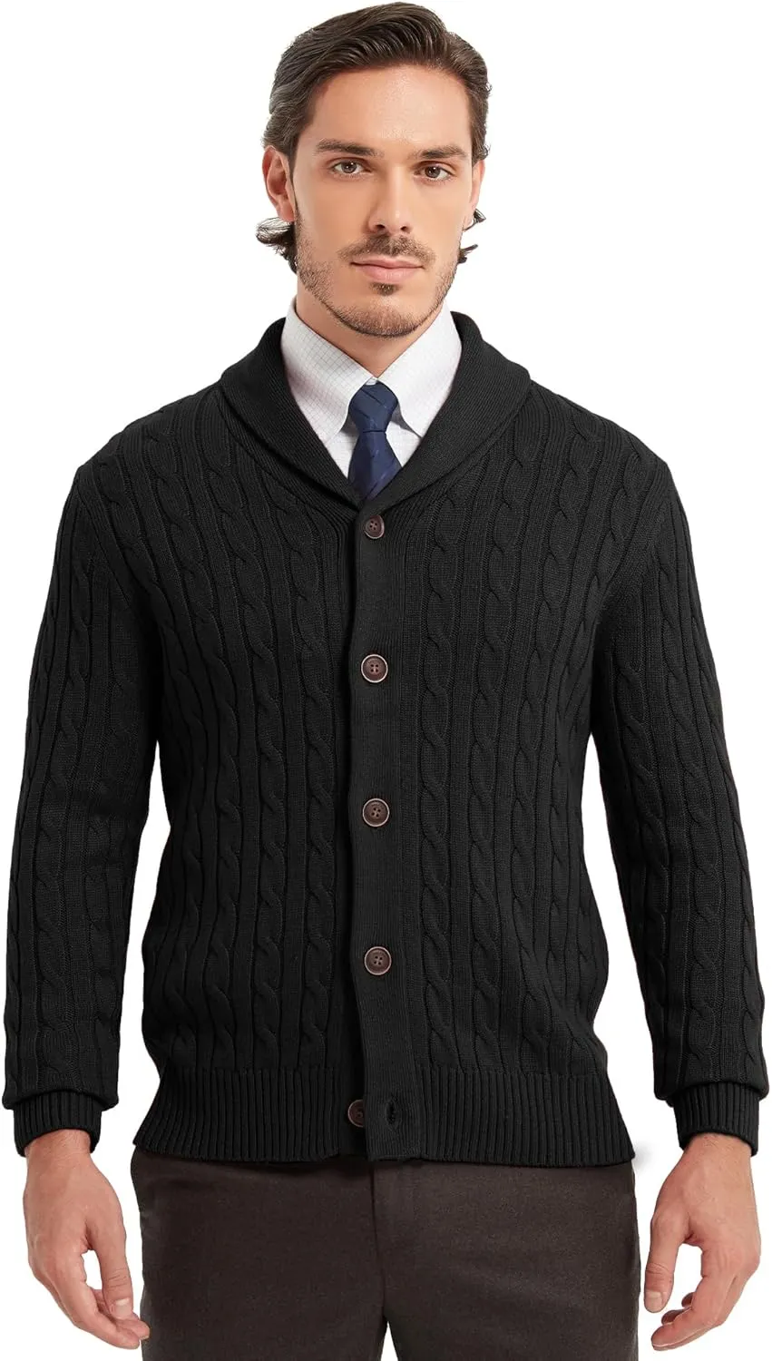 Kallspin Men's Blend Wool Sweater Button Down Long Sleeve Cardigan Cable Knit Shawl Collar Sweater