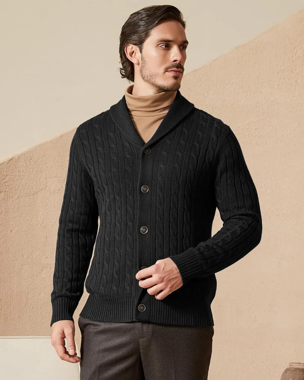 Kallspin Men's Blend Wool Sweater Button Down Long Sleeve Cardigan Cable Knit Shawl Collar Sweater