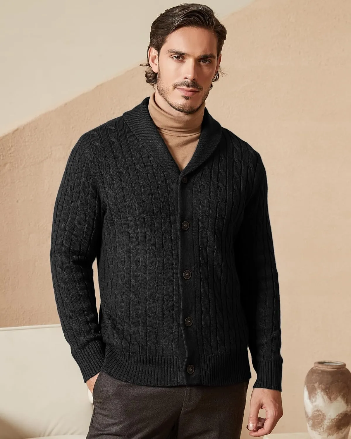 Kallspin Men's Blend Wool Sweater Button Down Long Sleeve Cardigan Cable Knit Shawl Collar Sweater