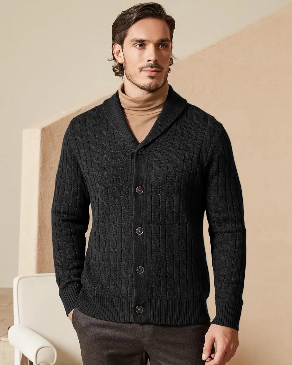 Kallspin Men's Blend Wool Sweater Button Down Long Sleeve Cardigan Cable Knit Shawl Collar Sweater