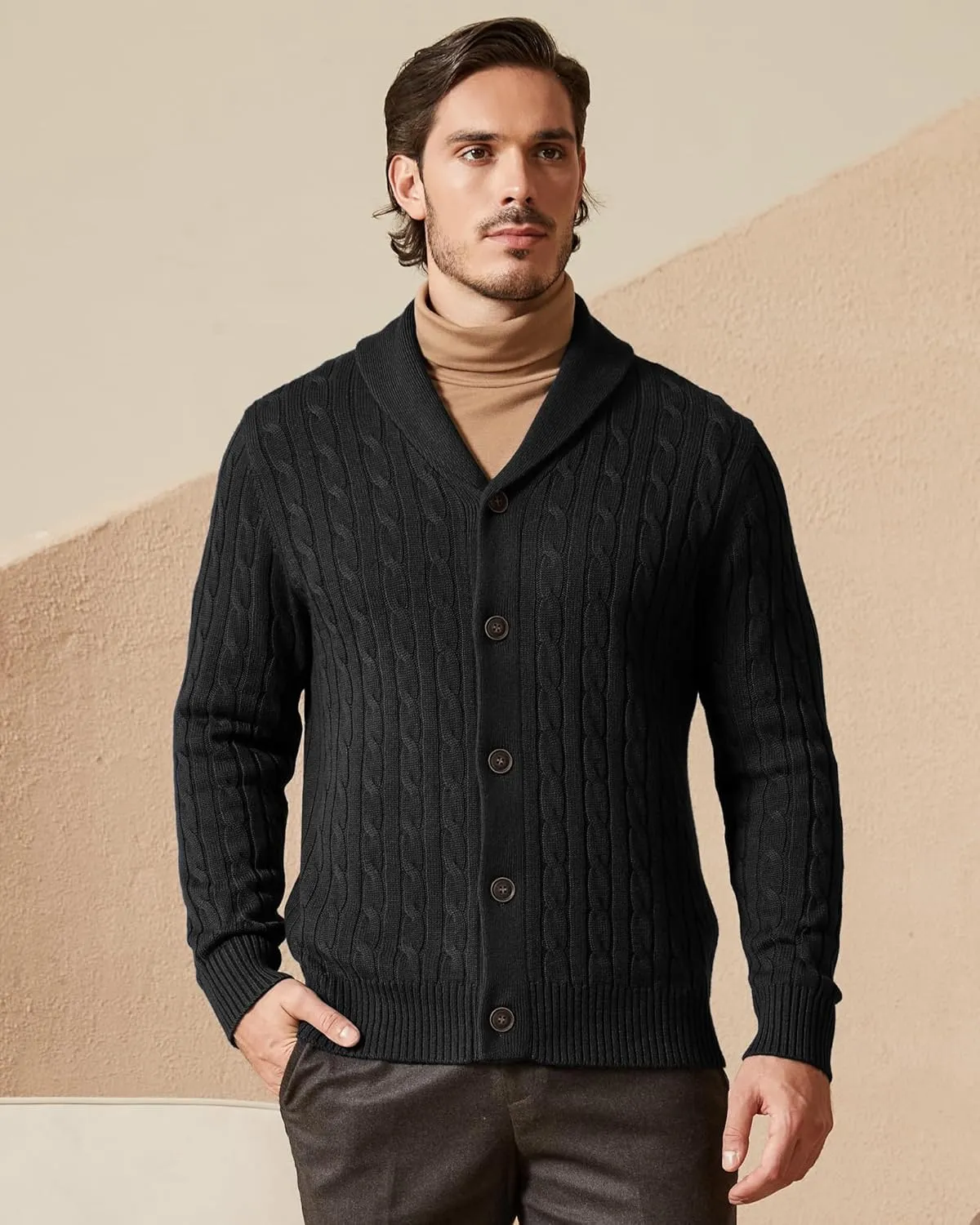 Kallspin Men's Blend Wool Sweater Button Down Long Sleeve Cardigan Cable Knit Shawl Collar Sweater