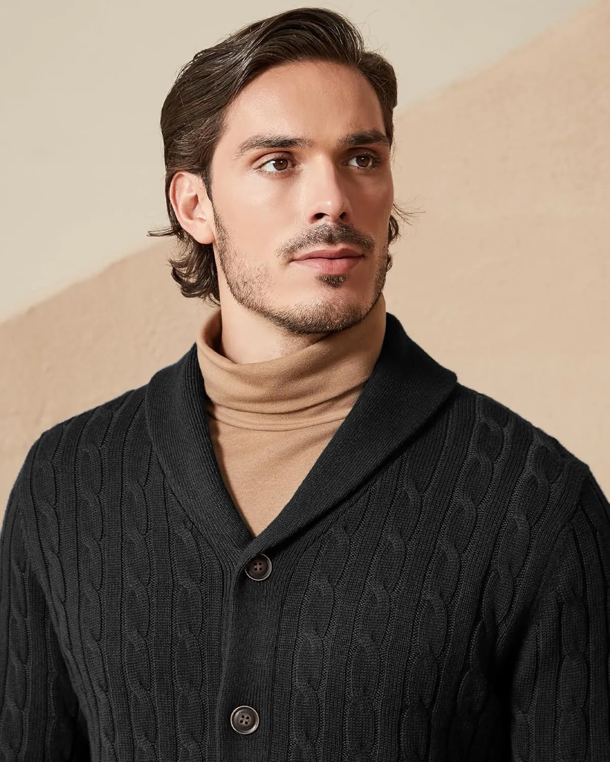 Kallspin Men's Blend Wool Sweater Button Down Long Sleeve Cardigan Cable Knit Shawl Collar Sweater