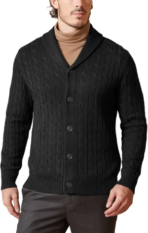 Kallspin Men's Blend Wool Sweater Button Down Long Sleeve Cardigan Cable Knit Shawl Collar Sweater