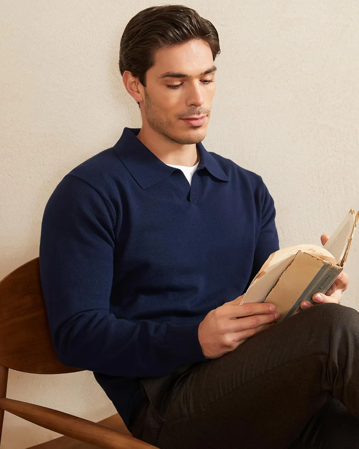 Kallspin Men's Knit Polo Sweater Regular Fit V Neck Cotton Long Sleeve Soft Classic Sweater Pullover