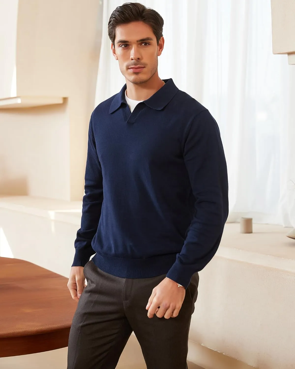 Kallspin Men's Knit Polo Sweater Regular Fit V Neck Cotton Long Sleeve Soft Classic Sweater Pullover