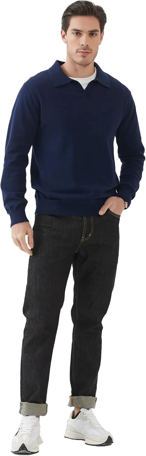 Kallspin Men's Knit Polo Sweater Regular Fit V Neck Cotton Long Sleeve Soft Classic Sweater Pullover