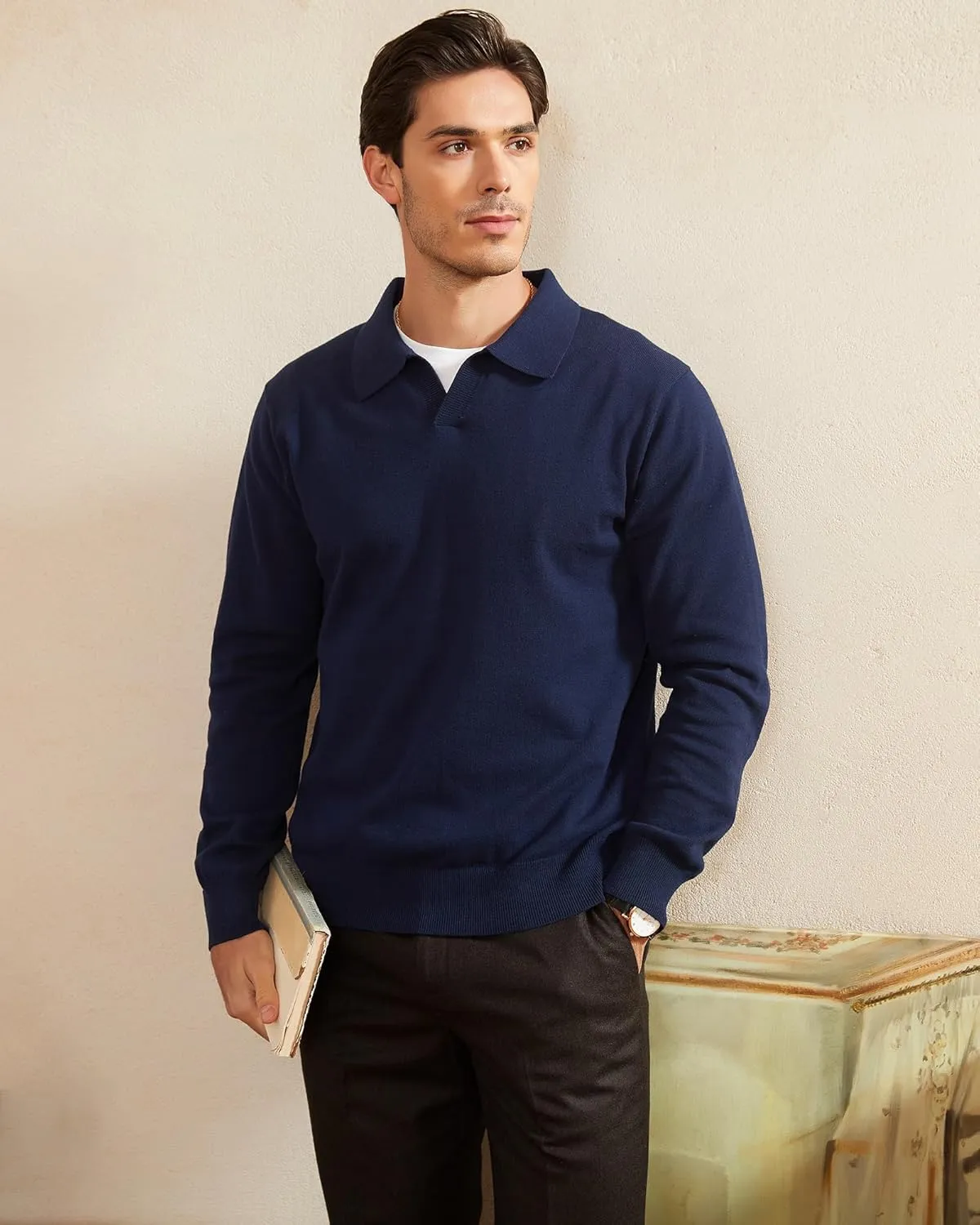 Kallspin Men's Knit Polo Sweater Regular Fit V Neck Cotton Long Sleeve Soft Classic Sweater Pullover