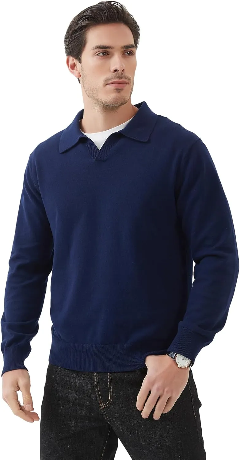 Kallspin Men's Knit Polo Sweater Regular Fit V Neck Cotton Long Sleeve Soft Classic Sweater Pullover