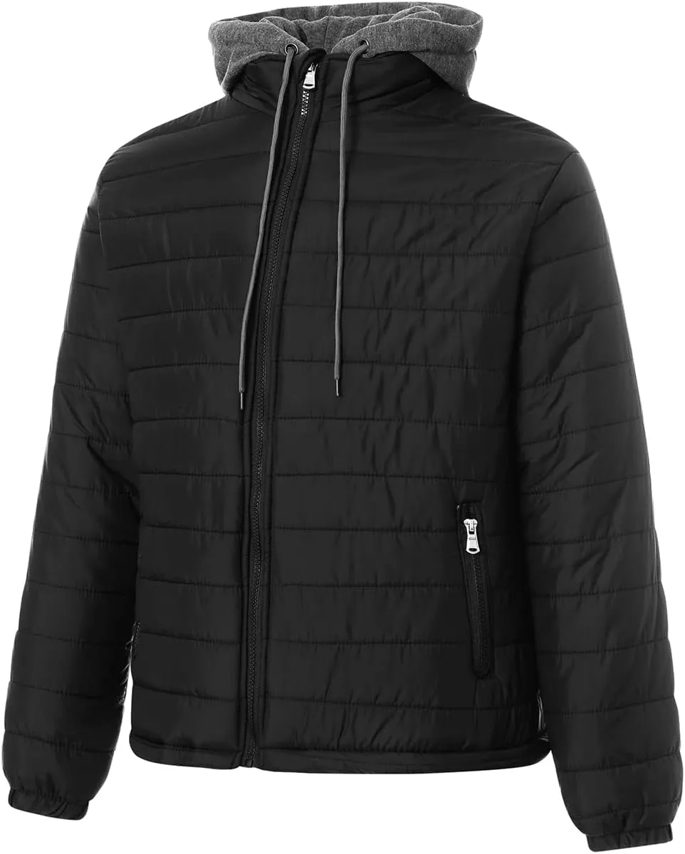 Karwuiio Men Winter Down Jackets & Coats Long Sleeves Solid Color Zip-Up Puffer Hooded Coats with Pockets