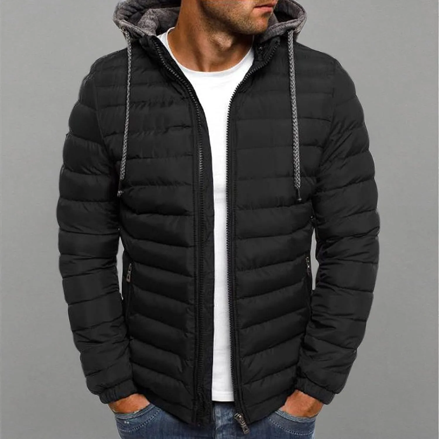 Karwuiio Men Winter Down Jackets & Coats Long Sleeves Solid Color Zip-Up Puffer Hooded Coats with Pockets