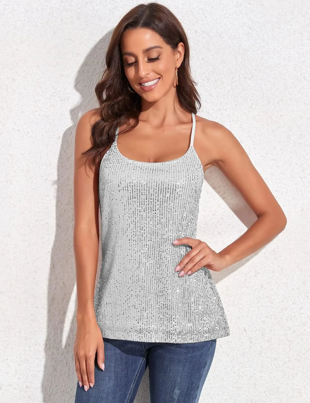 kayamiya Womens Sparkly Sequin Camisole Tops Sleeveless Glitter Party Tank Top