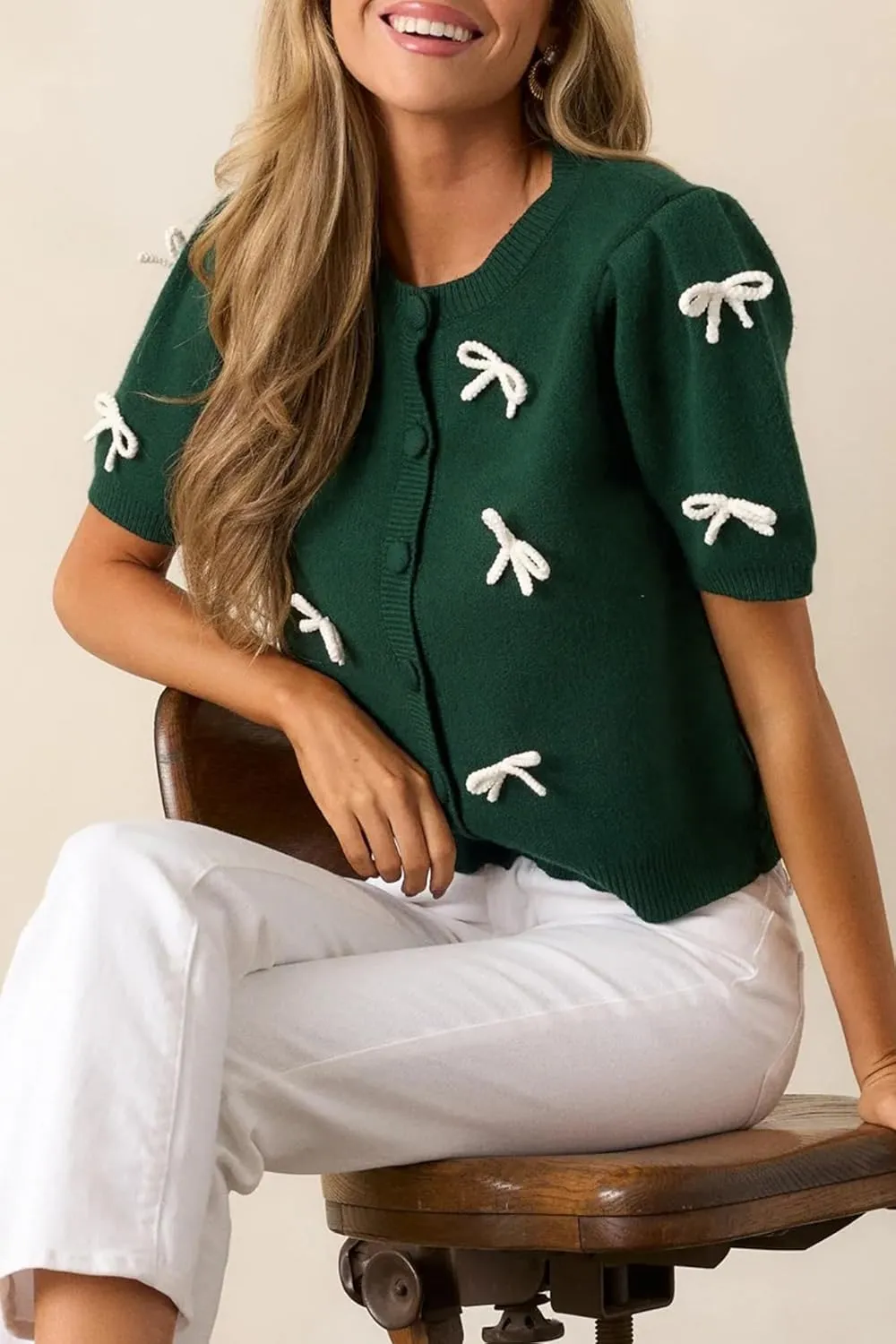 Kedera Women's Casual Short Knit Bow Sweater Crew Neck Puff Sleeve Shirts Sweater Loose Blouses Tops
