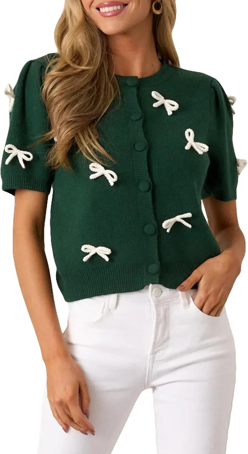 Kedera Women's Casual Short Knit Bow Sweater Crew Neck Puff Sleeve Shirts Sweater Loose Blouses Tops