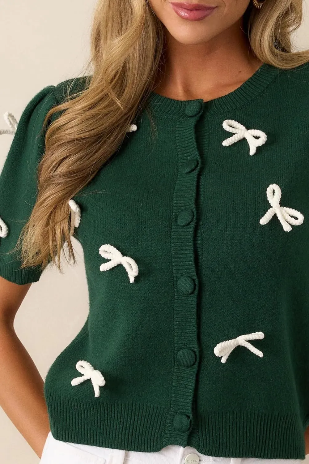 Kedera Women's Casual Short Knit Bow Sweater Crew Neck Puff Sleeve Shirts Sweater Loose Blouses Tops
