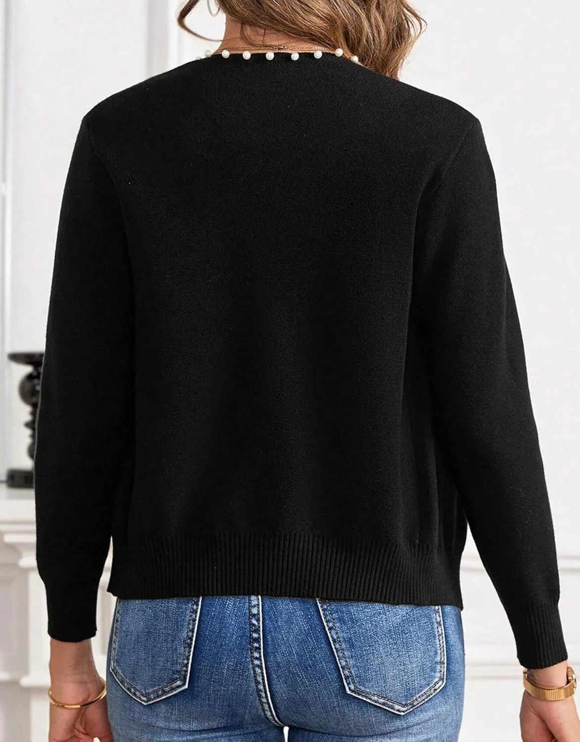 Kedera Women's Open Front Cardigan Sweater Long Sleeve Pearl Trim Cropped Sweater Embellished Knitted Top Trendy 2024