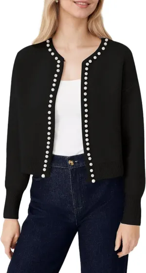 Kedera Women's Open Front Cardigan Sweater Long Sleeve Pearl Trim Cropped Sweater Embellished Knitted Top Trendy 2024