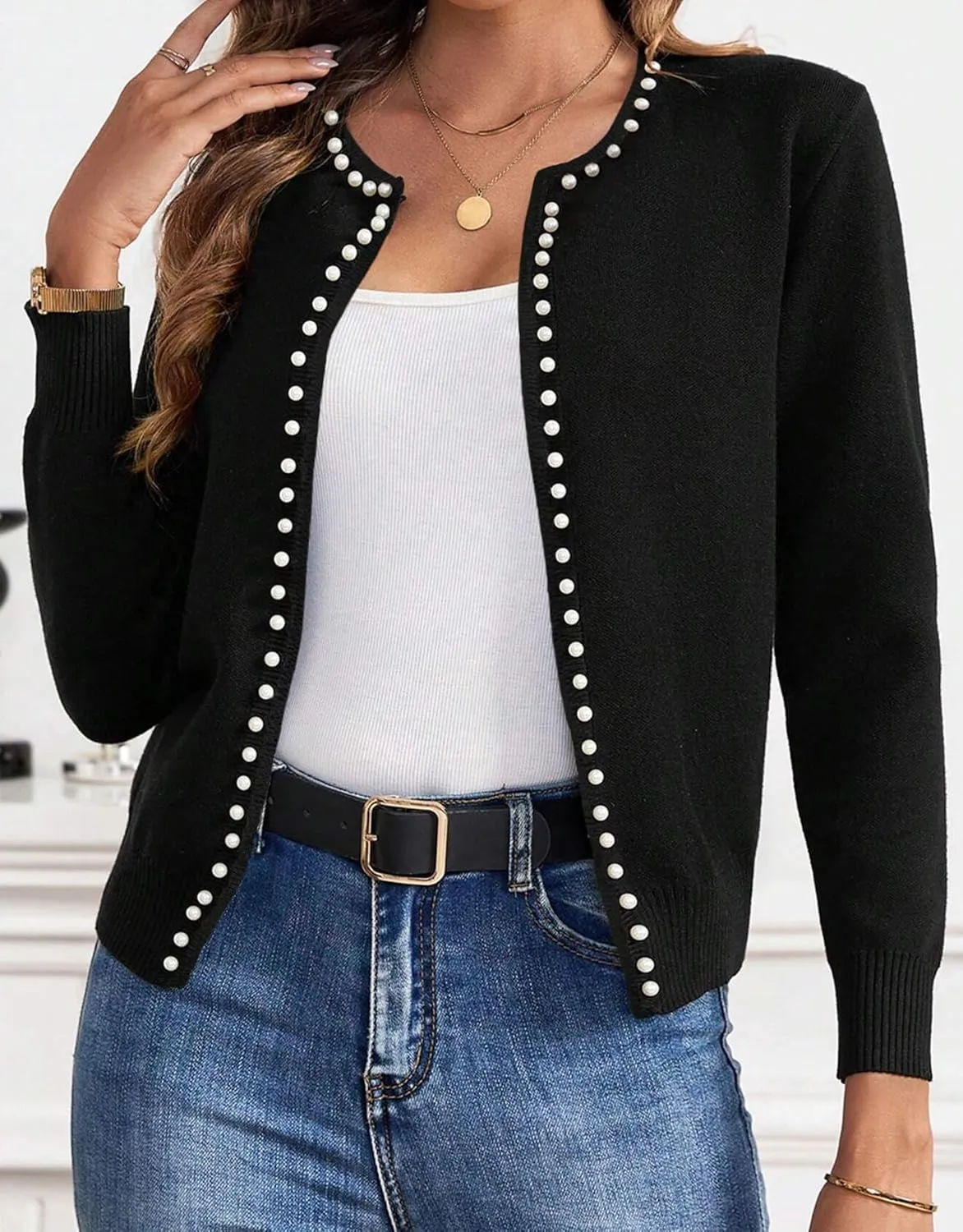 Kedera Women's Open Front Cardigan Sweater Long Sleeve Pearl Trim Cropped Sweater Embellished Knitted Top Trendy 2024