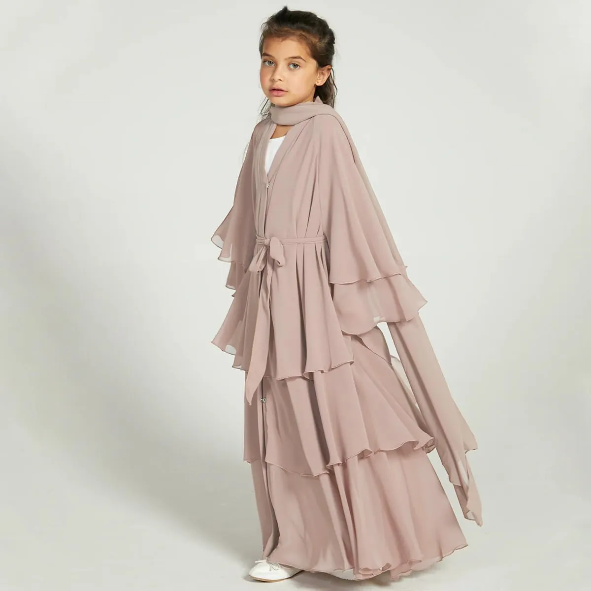 Kids Abayas Dress for Girls Muslim Dress with Hijab Chiffon Layered Islam Kaftan Robe Open Front Cardigan Prayer Dress