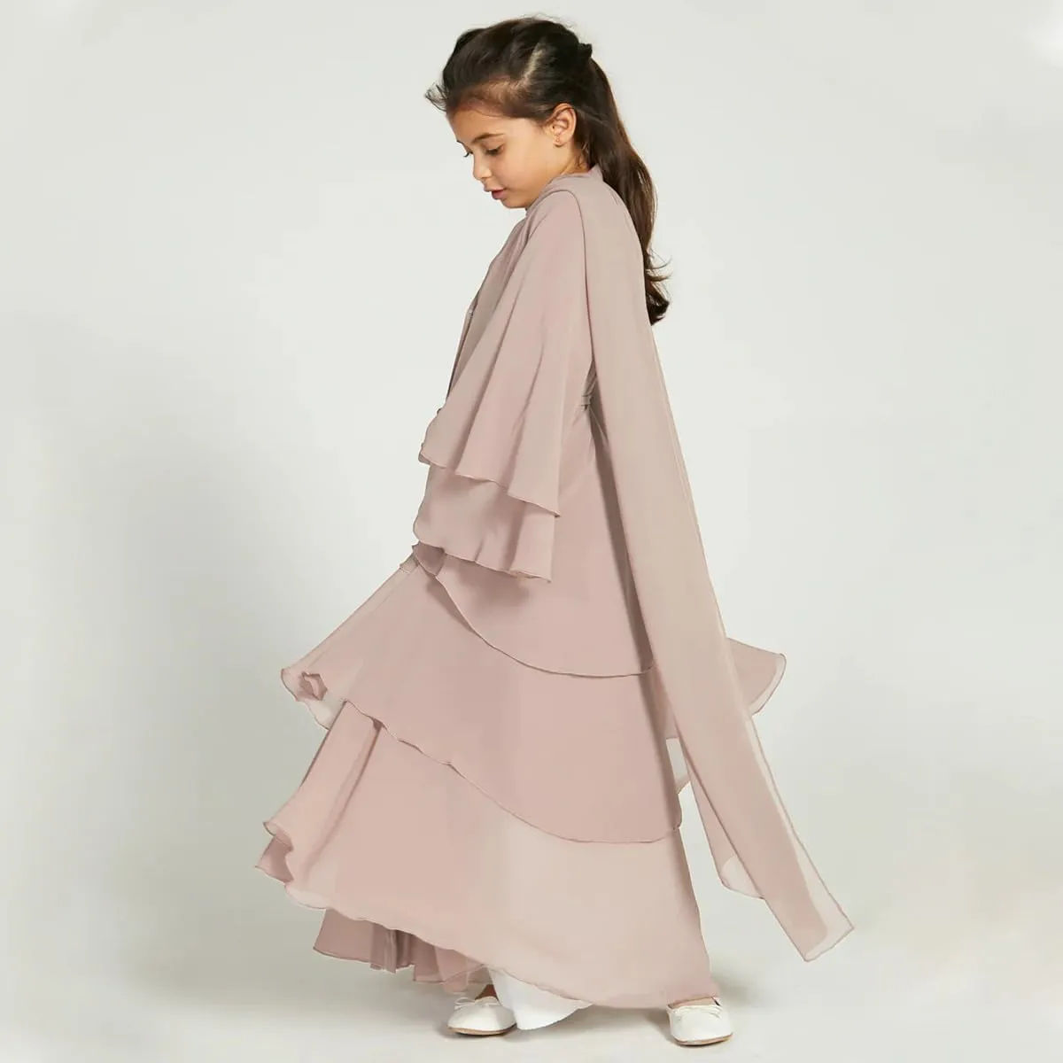 Kids Abayas Dress for Girls Muslim Dress with Hijab Chiffon Layered Islam Kaftan Robe Open Front Cardigan Prayer Dress