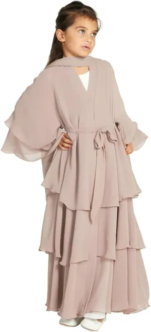 Kids Abayas Dress for Girls Muslim Dress with Hijab Chiffon Layered Islam Kaftan Robe Open Front Cardigan Prayer Dress