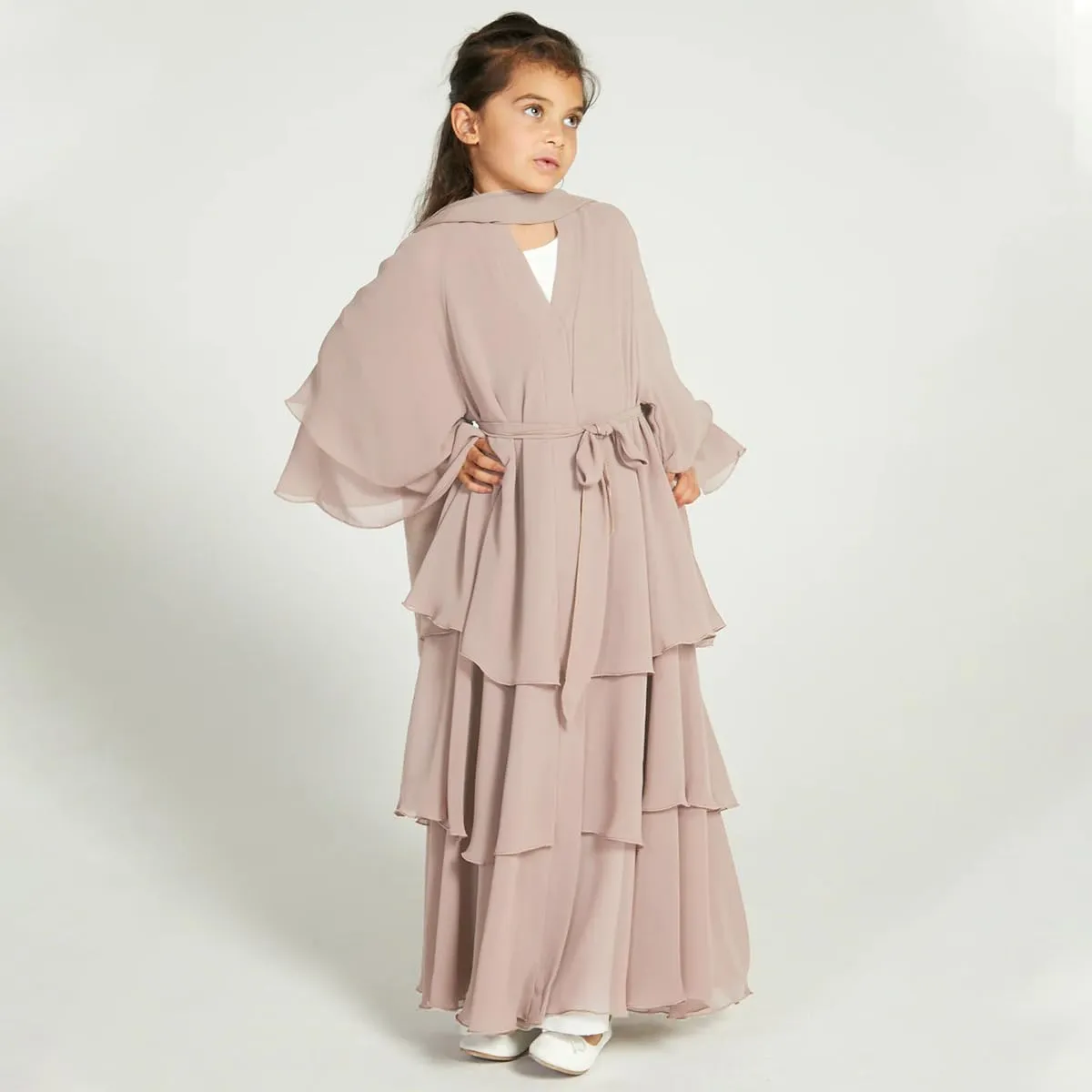 Kids Abayas Dress for Girls Muslim Dress with Hijab Chiffon Layered Islam Kaftan Robe Open Front Cardigan Prayer Dress