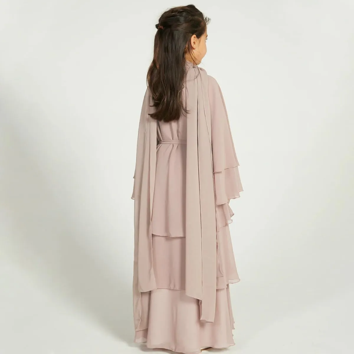 Kids Abayas Dress for Girls Muslim Dress with Hijab Chiffon Layered Islam Kaftan Robe Open Front Cardigan Prayer Dress