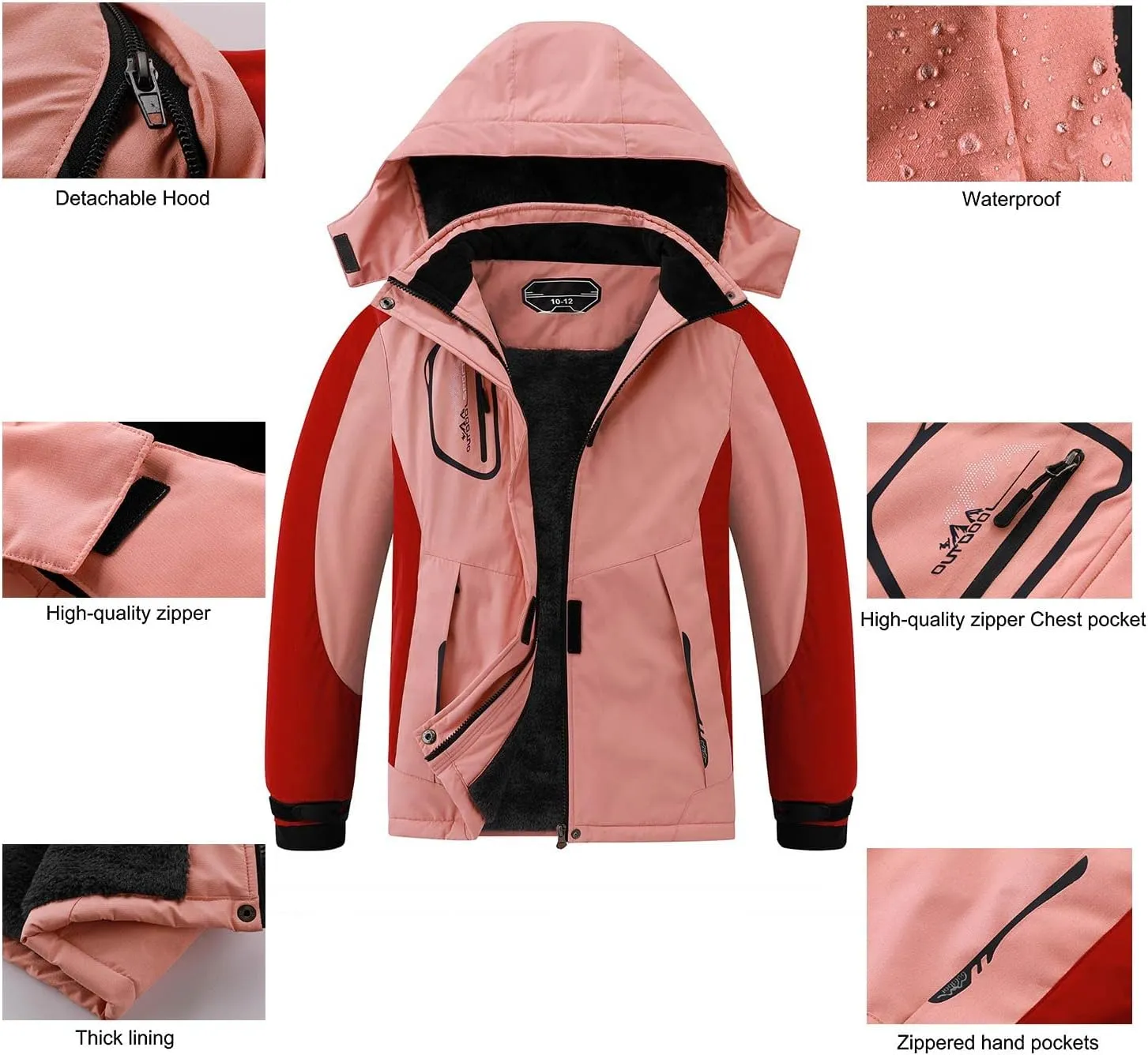 Kid's Ski Jacket Waterproof Boy's and Girl's Warm Fleece Winter Jacket Windproof Hooded Snow Coat