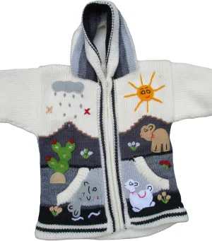 Kids Sweater Handmade Cardigan with Embroidered Details Sweater Hooded Girl Boy Peru Ecuador Bolivia Chile Arpilleras Style.