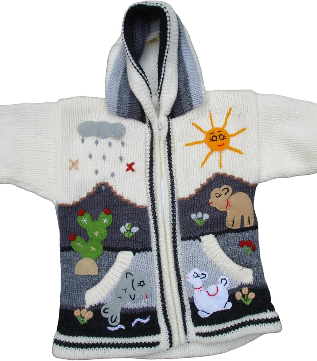 Kids Sweater Handmade Cardigan with Embroidered Details Sweater Hooded Girl Boy Peru Ecuador Bolivia Chile Arpilleras Style.