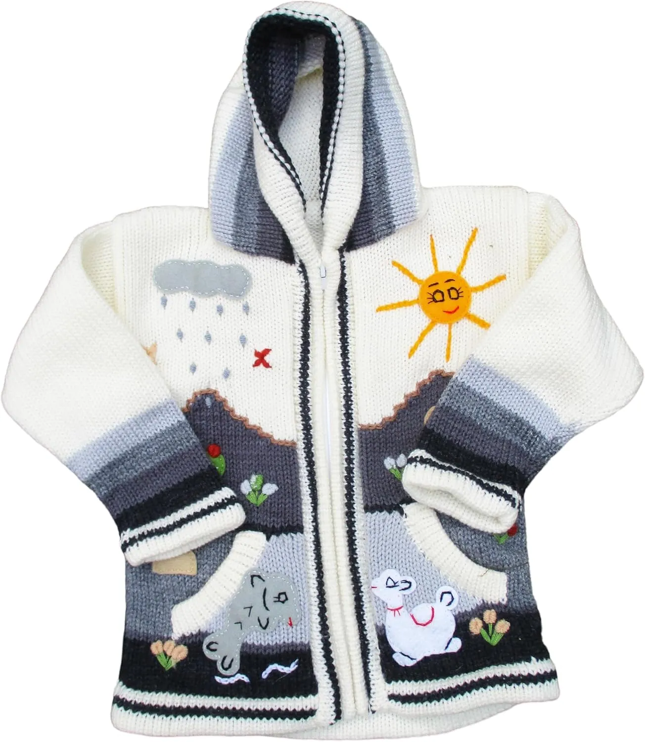 Kids Sweater Handmade Cardigan with Embroidered Details Sweater Hooded Girl Boy Peru Ecuador Bolivia Chile Arpilleras Style.