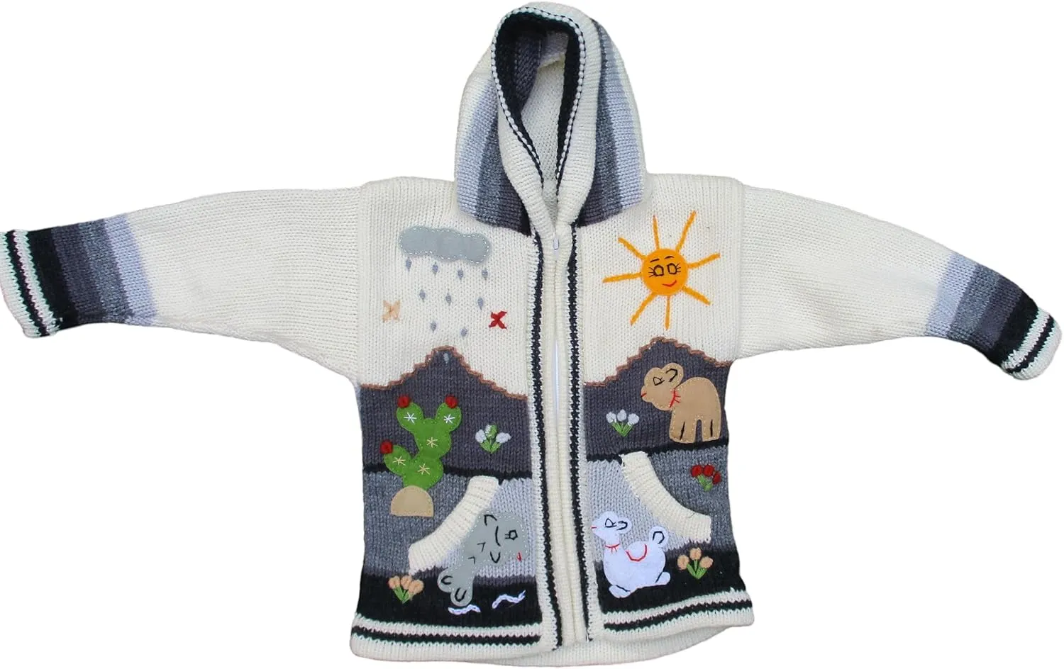 Kids Sweater Handmade Cardigan with Embroidered Details Sweater Hooded Girl Boy Peru Ecuador Bolivia Chile Arpilleras Style.
