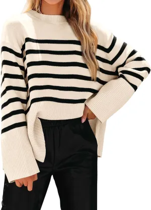 KIRUNDO Women's Striped Knit Oversized Fall Sweaters 2025 Trendy Clothes Crewneck Winter Pullover Sweater Side Split