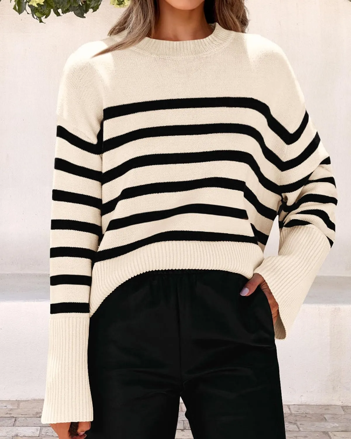 KIRUNDO Women's Striped Knit Oversized Fall Sweaters 2025 Trendy Clothes Crewneck Winter Pullover Sweater Side Split