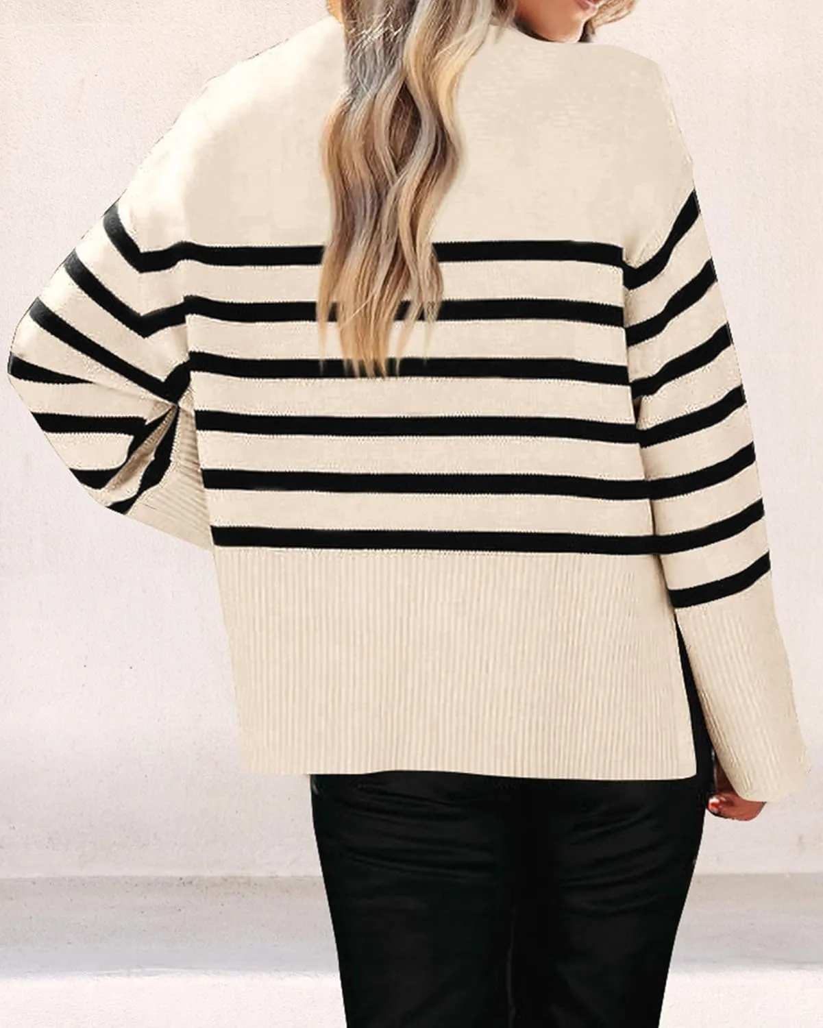 KIRUNDO Women's Striped Knit Oversized Fall Sweaters 2025 Trendy Clothes Crewneck Winter Pullover Sweater Side Split
