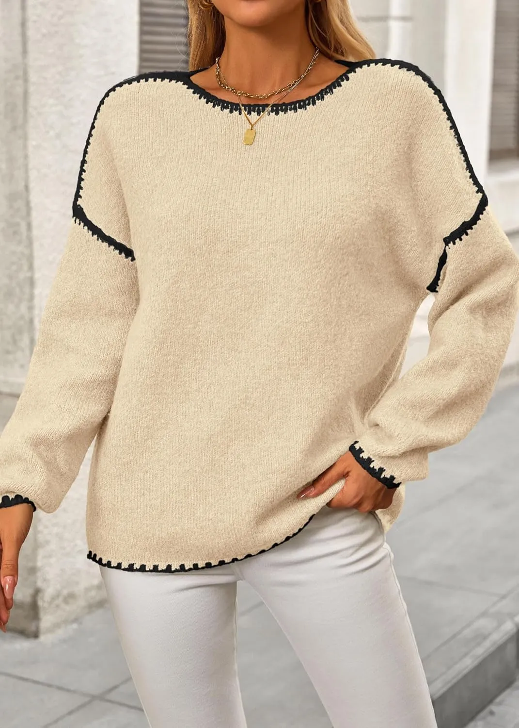 KIRUNDO Womens Sweaters 2025 Fall Oversized Long Sleeve Chunky Knit Crew Neck Contrast Stitching Pullover Winter Clothes