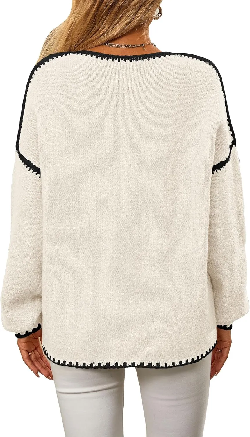 KIRUNDO Womens Sweaters 2025 Fall Oversized Long Sleeve Chunky Knit Crew Neck Contrast Stitching Pullover Winter Clothes