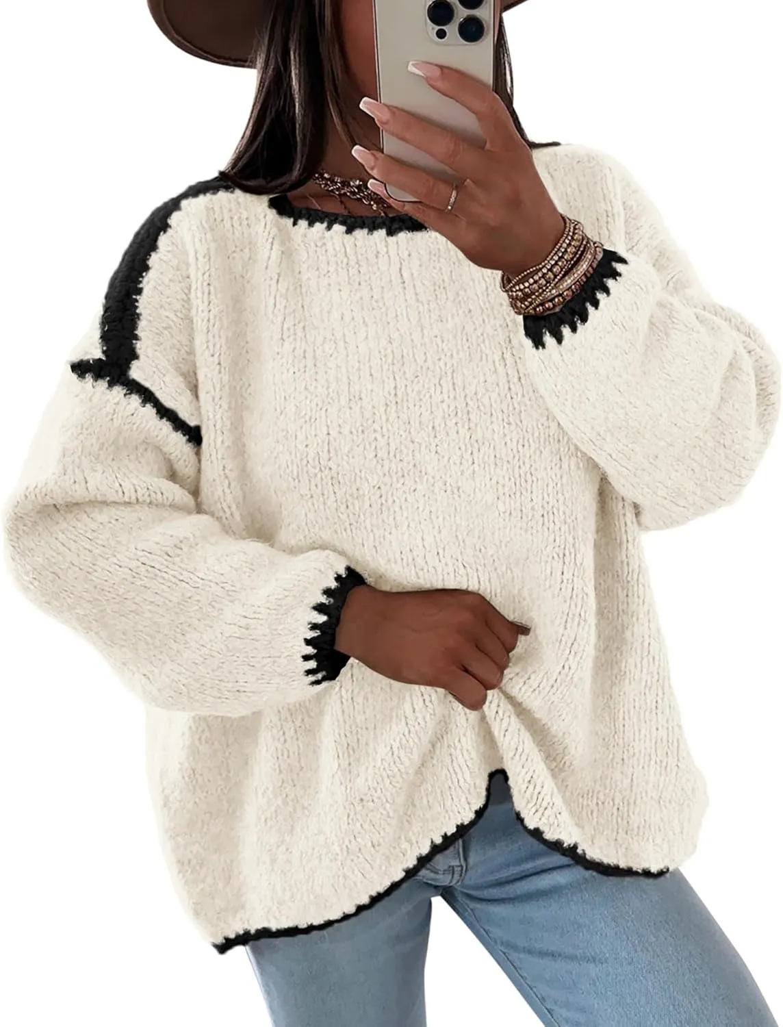 KIRUNDO Womens Sweaters 2025 Fall Oversized Long Sleeve Chunky Knit Crew Neck Contrast Stitching Pullover Winter Clothes