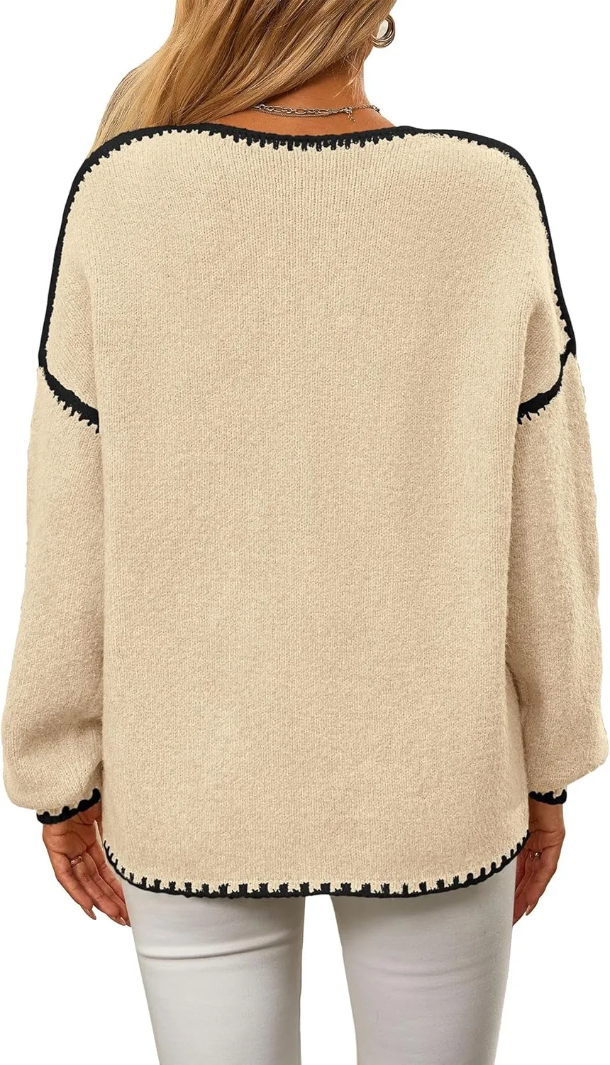 KIRUNDO Womens Sweaters 2025 Fall Oversized Long Sleeve Chunky Knit Crew Neck Contrast Stitching Pullover Winter Clothes