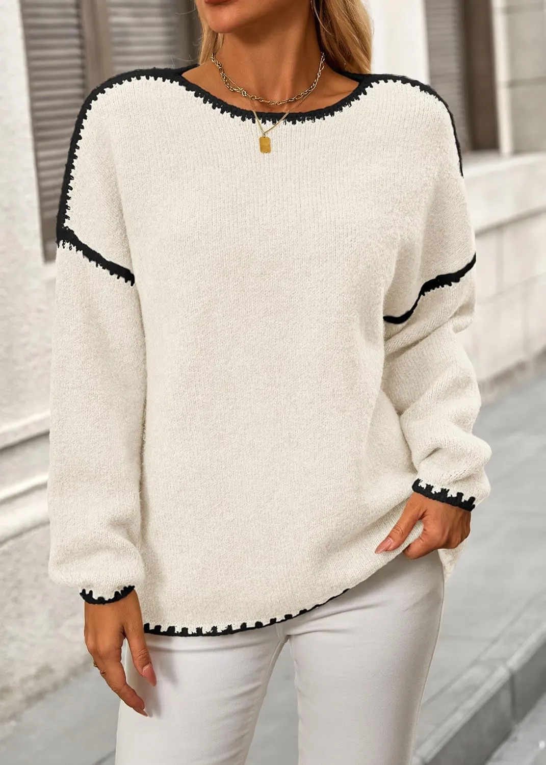 KIRUNDO Womens Sweaters 2025 Fall Oversized Long Sleeve Chunky Knit Crew Neck Contrast Stitching Pullover Winter Clothes