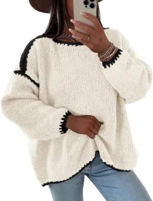 KIRUNDO Womens Sweaters 2025 Fall Oversized Long Sleeve Chunky Knit Crew Neck Contrast Stitching Pullover Winter Clothes