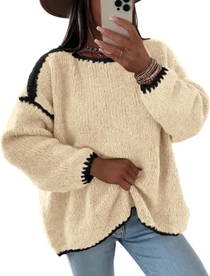 KIRUNDO Womens Sweaters 2025 Fall Oversized Long Sleeve Chunky Knit Crew Neck Contrast Stitching Pullover Winter Clothes