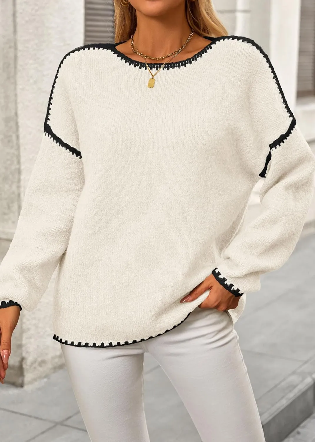 KIRUNDO Womens Sweaters 2025 Fall Oversized Long Sleeve Chunky Knit Crew Neck Contrast Stitching Pullover Winter Clothes