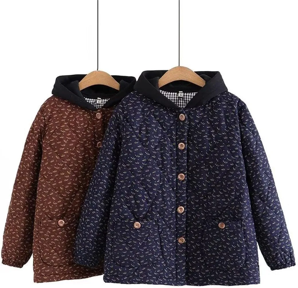 Large Size Quilted Jacket Women Cotton Retro Floral Hooded Autumn Winter Padded Coat Outerwear