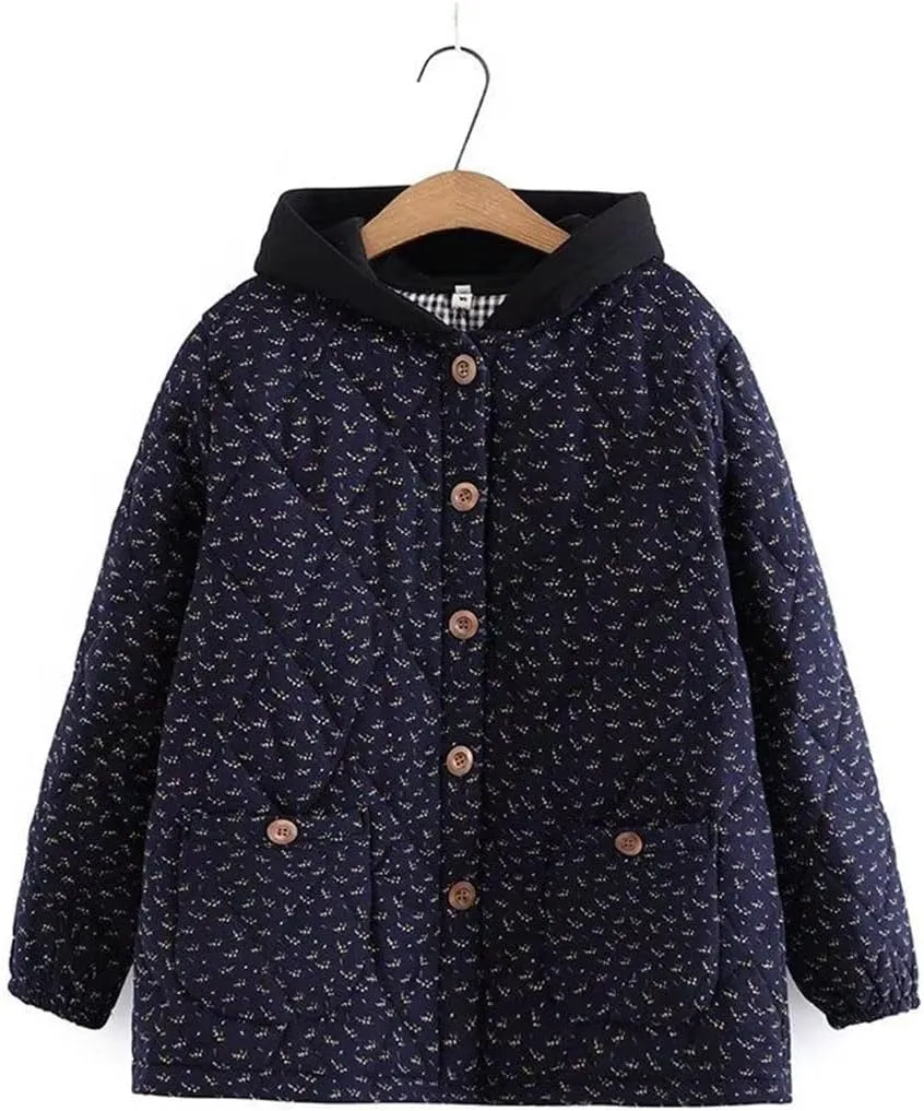 Large Size Quilted Jacket Women Cotton Retro Floral Hooded Autumn Winter Padded Coat Outerwear