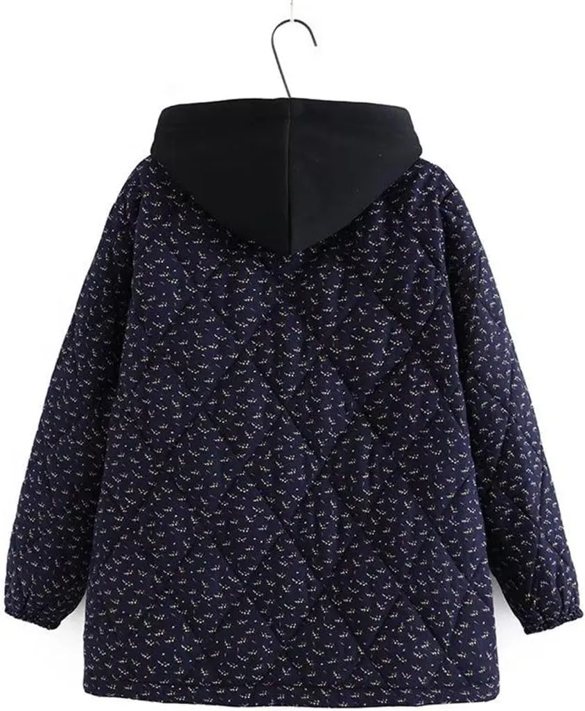 Large Size Quilted Jacket Women Cotton Retro Floral Hooded Autumn Winter Padded Coat Outerwear