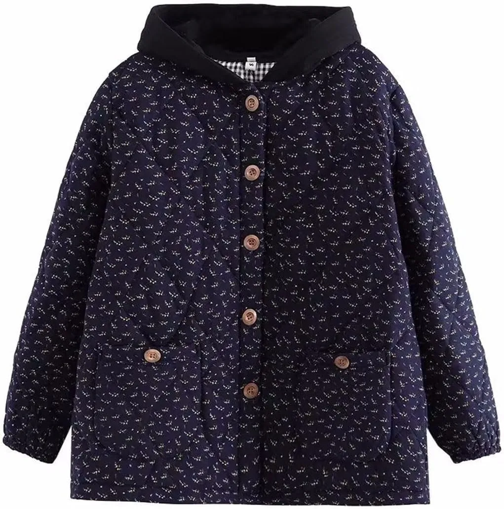 Large Size Quilted Jacket Women Cotton Retro Floral Hooded Autumn Winter Padded Coat Outerwear