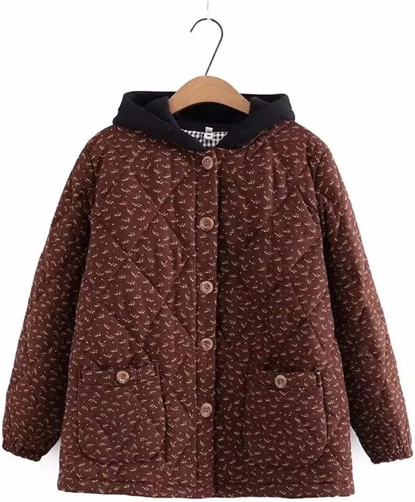 Large Size Quilted Jacket Women Cotton Retro Floral Hooded Autumn Winter Padded Coat Outerwear