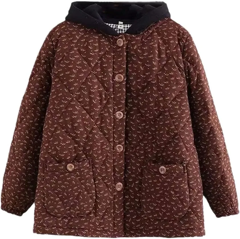 Large Size Quilted Jacket Women Cotton Retro Floral Hooded Autumn Winter Padded Coat Outerwear
