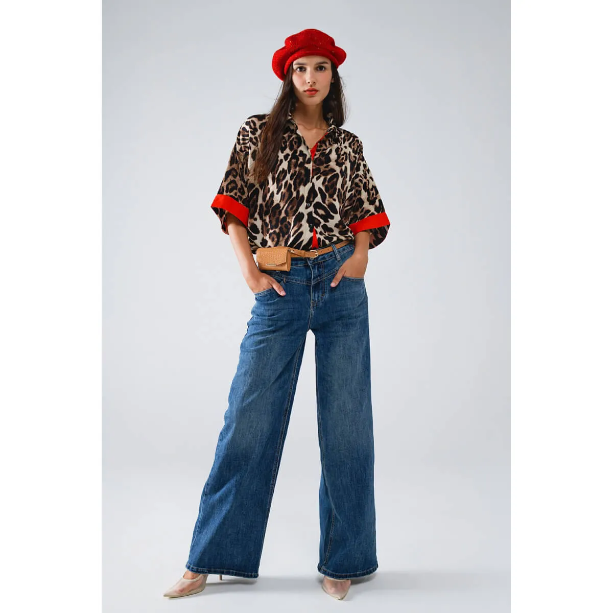 Leopard 3/4 Sleeves Button Up Shirt